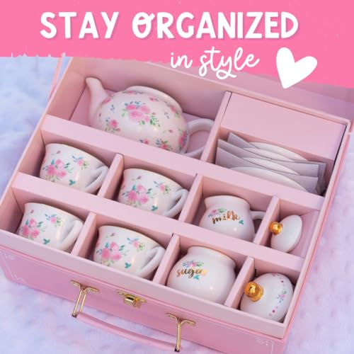 Giggle & Honey GHA1106 Porcelain Tea Set For Girls - White & Floral Tea Party Set For Kids I Complete Children Tea Sets With Carry Case, Teapot, Cups And More, Birthday Gift For Little Girls & Toddlers thumb #3