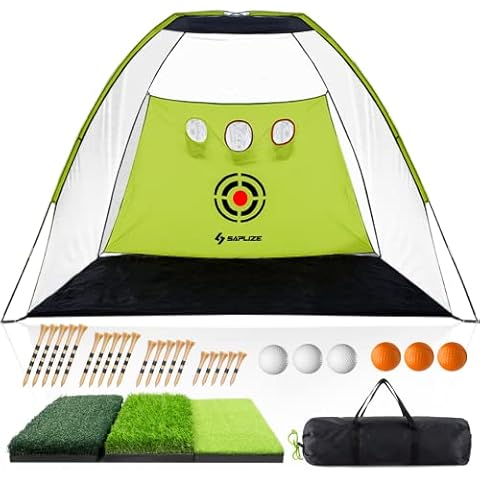 SAPLIZE Golf Net with Foldable Hitting Mat, Golf Balls and Bamboo Golf Tees, 10x7ft High Impact Golf Practice Net, Portable Golf Training Net, Driving Net for Outdoor/Indoor/Backyard Cover
