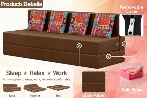 Image of Rosebell Four Seater Foldable Sofa Cum Bed (6x6 Feet) Jute Fabric, Washable Removable Cover, | Space Saving Convertible Sofa Bed for Home, Office & Guests - Brown
