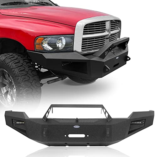 Hooke Road Ram Full Width Front Bumper W/Winch Plate & Led Spotlights For 2003 2004 2005 Dodge Ram 2500 3500 Truck (Excluding Diesel Models), Solid Steel Offroad Bumper #TOP12