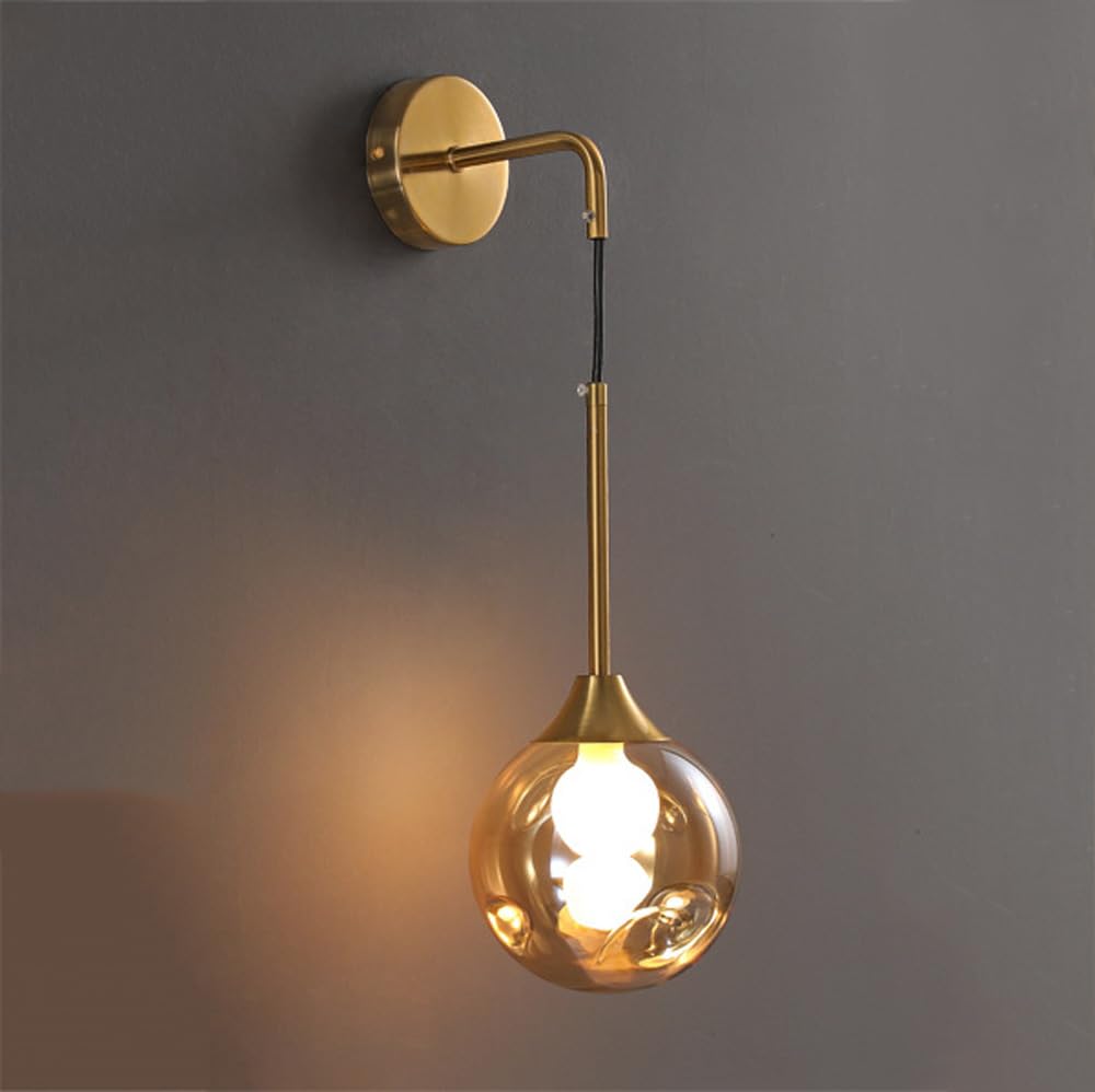 HUAYUSEDF Vintage Gold Wall Sconce with Glass Globe Shade Mid Century Light Fixture Amber Smoked Grey Industrial Hanging Antique Farmhouse Mounted Lamp for Bedroom Living Room(Amber)