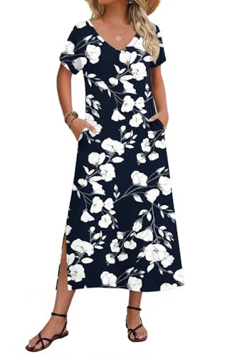 Image of Zeagoo Women Summer Floral Dress Short Sleeve Beach Dress with Pockets Casual V-Neck Split Long T-Shirt Dress Travel Vacation