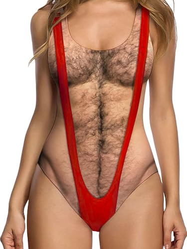 uideazone Women Funny Swimsuit Hairy Body Chest Printed Hippie Swimsuits Bathing Suit One Pieces Swimwear Monokini