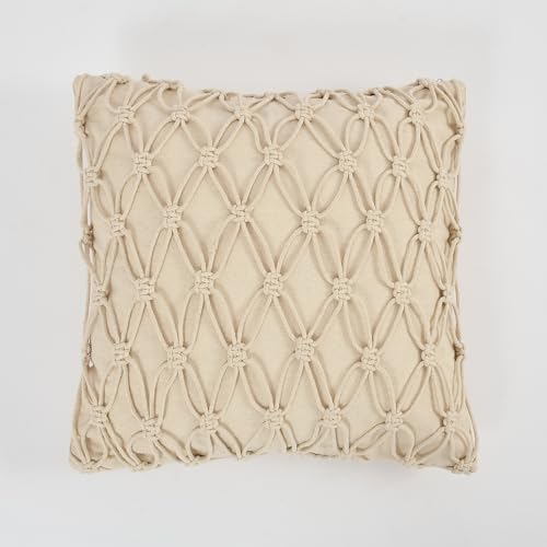 Image of Beautifull and Luxurious Handmade 100% Cotton Macrame Cushion Cover 16 inchx16 inch in Natural White Colour | Boho Cushion Cover in Premium Canvas Duck Fabric (Diamond) Pack of 2