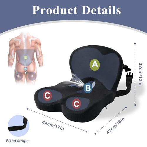 Image of Car Seat Cushion, Memory Foam Driving Cushion with Adjustable Strap, Ergonomic Pad for Car & Semi Truck, Office Chair Cushion for Sciatica & Lower Back Pain Relief, Black