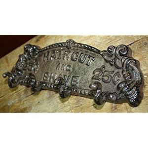 Castironsignssuppliesforhaircutshave25centscoathattowlhookhangerrackforhomedecorwalldecor Urban Country Home Decor Cast iron signs supplies for hair cut shave 25 cents coat hat towl hook hanger rack for home decor wall decor urban country home decor