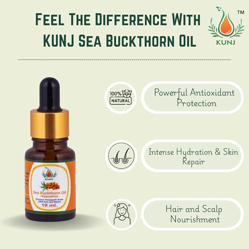Image of KUNJ Sea Buckthorn Oil (Hippophae rhamnoides) 10ML - 100% Pure & Natural Undiluted Therapeutic Grade, Cold Pressed, For Glowing Skin, Acne Prevention & Pigmentation Care