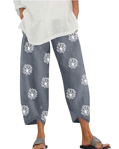 Cotton Linen Casual Summer Capri Pants for Women Printed Waist Wide Leg Palazzo Cropped Baggy Trousers with Pockets