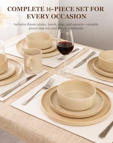 Image of OTAGO 16-Piece Dinnerware Set for 4 with Mugs, Ribbed Stoneware Plates and Bowls Sets, Unique Handcrafted Reactive Glaze, Chip and Scratch Resistant Dish Set, Microwave & Dishwasher Safe, Yellow
