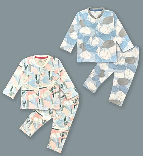 Image of 3BROS Kids Pure Cotton Night Suit Set | Boys Girls Printed Sleepwear Shirt & Pajama Clothing Combo | Soft Breathable Night Dress Outfit | Pack of 2