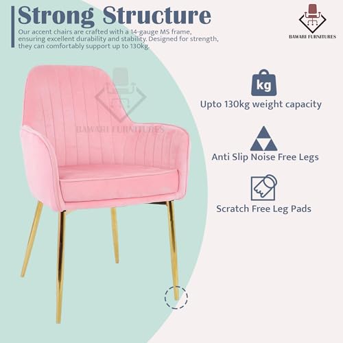 Image of Plush Dining Chair | Accent Chair for Living Room Bedroom Restuarant | Velvet Fabric & Thick Cushion Seat with Sturdy Glossy Metal Legs (Golden Legs, Baby Pink)