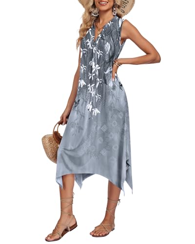 Image of AUSELILY Womens Summer Midi Dress V Neck Sleeveless Casual with Pockets | Flowy womens summer dress with asymmetrical hem, great for beach, vacation and daily wear