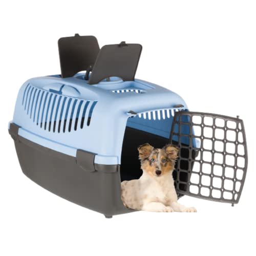 Image of Trixie Capri Durable Plastic Pet Carriers with Handles, Storage Trays, and Stroking Flaps (Dark Grey /Pastel Blue, XS-S, Capri 2)