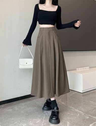 Women's Vintage Pleated Midi Skirt High Waist Solid A-Line Casual Skirt4