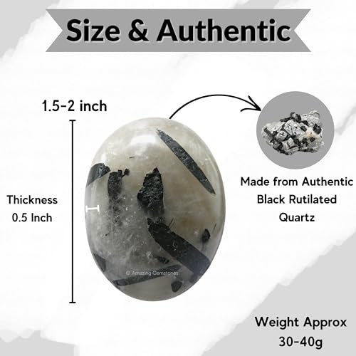 Image of Amazing Gemstone Black Rutilated Quartz Crystals and Healing Stones - Large Palm Stone Crystals Piedra - Crystal for Good Luck, Positive Energy, Meditation - Unique Stocking Stuffers Gifts for Women