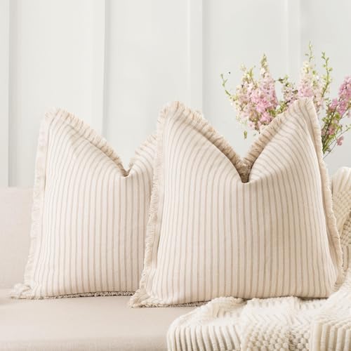 ZWJD Throw Pillow Covers 20x20 Set of 2 Striped Pillow Covers with Fringe Chic Cotton Decorative Pillows Square Cushion Covers for Sofa Couch Bed Living Room Farmhouse Decor, (Khaki)