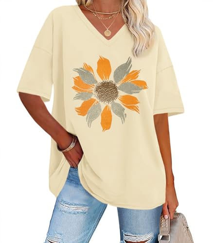 ADOREJOY Oversized Tshirts for Women V Neck Summer Short Sleeve Casual Loose Tunic Tees