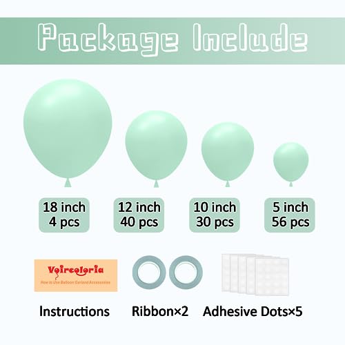 Image of Voircoloria 130pcs Mint Green Balloons Different Sizes 18 inch 12 inch 10 inch 5 inch Pastel Light Green Balloons for Boys Girls Birthday Baby Shower Gender Reveal Wedding Decorations