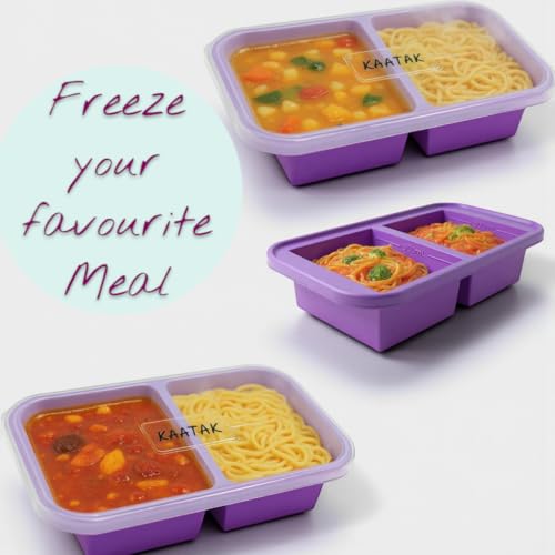 Image of BPA Free Silicone Freezer Storage Containers - Reusable, Microwave & Freezer Safe (Purple, 2 Partition)