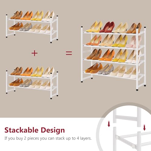 Image of Tajsoon Expandable Shoe Rack for Closet 2 Tier, 28 inch-41 inch Adjustable & Stackable Shoe Shelf Storage, Metal Shoe Rack Organizer for Front Door Entrance, Closet, Garage, Entryway, White