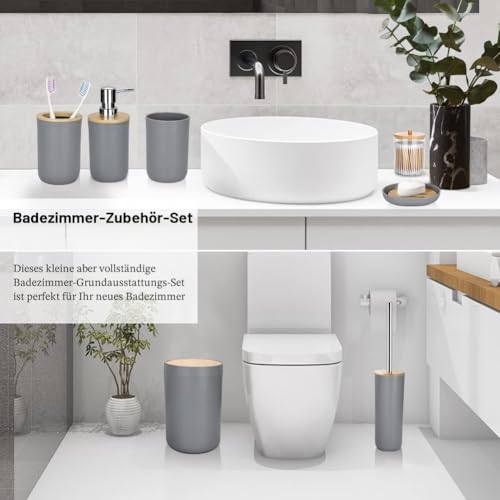 JOTOM 7 Stück Bambus Badezimmer Zubehör Badezimmer Zubehör Set Luxus Modern Bad Set Zahnbürstenhalter Becher Qtip Halter Toilettenbürste Set Seifenschale Mülleimer Seifenspender (Grau)