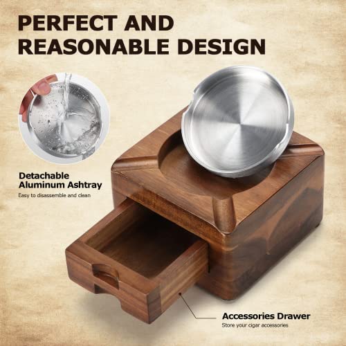 Tesonway Wooden Square Ashtray 4 Slots with Cigar Accessories Drawer for Indoor Outdoor Patio Home Office, Personalized Gifts for Men - Image 4
