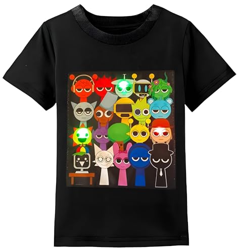Camiseta niños Sprunki con Luces LED al Tacto Algodón Suave Lavable Diseño Divertido de Personajes Ideal para Niños Niñas de 4 a 8 Años Regalo Creativo Original (FR/ES, Edad, 7 años, Regular, Negro)