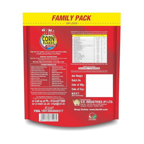 Image of 8AM Cornflakes Family Pack 1 Kg (Pack Of 2), 92% Corn, 99% Fat Free, No Cholesterol, Trans Fat, Vitamin B3 & Iron, Crunchy & Nutritious Whole Grain Breakfast Cereal