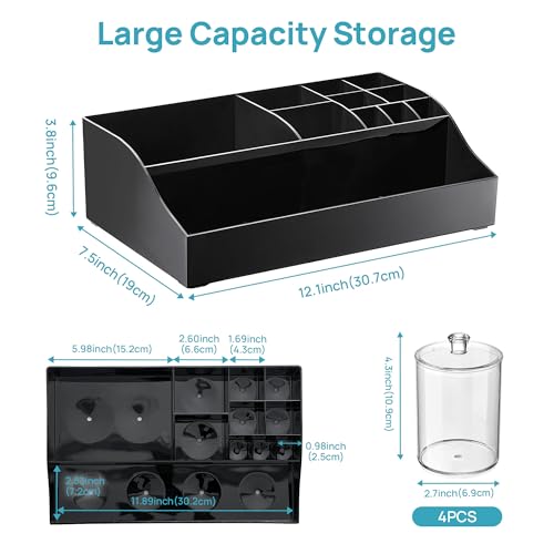 Image of Vtopmart 5 PCS Bathroom Countertop Organizer, 1 Divided Tray with 4 Qtip Holder Jars, Restroom Clear Organizers for Toothbrush, Cotton Pads Balls, Floss, Bathroom Vanity Accessories Storage Set, Black