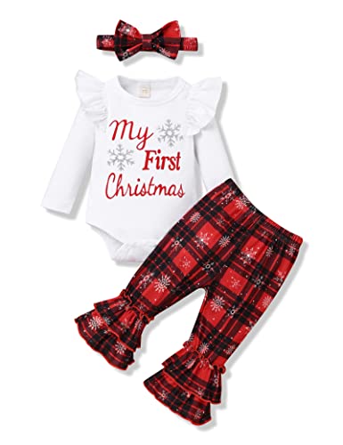 Image of My First Christmas Outfits Newborn Baby Girl Clothes Ruffle Sleeve Tops+Santa Pants with Headband Clothing Set