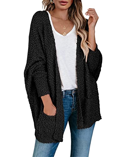 Saodimallsu Womens Chunky Popcorn Cardigan Oversized Open Front Boyfriend Batwing Long Sleeve Knit Sweaters Black