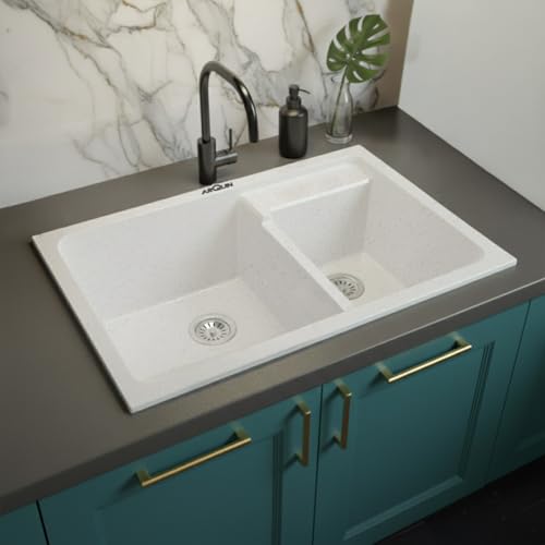Image of ARQUIN Double Bowl Quartz Kitchen Sink 31x18x9 Inch Sand Pluto | Durable & Scratch-Resistant Sink | Undermount,Topmount | Including Coupling,Sink Connector,Waste Pipe & Fruit Washing Basket