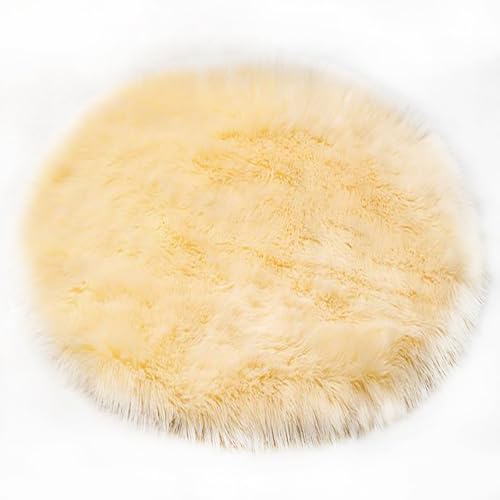wykikon フェイクファー シープスキン シャギー ラグ カーペット カバー シート クッション パッド 円型 ソファマット 人工ウール エリア ラグ ふわふわ フロア マットリビング ソファ用 オフィス用 ホームデコレーション 絨毯 ムートンラグ 撮影用 洗える (ライト イエロー,直径55cm)