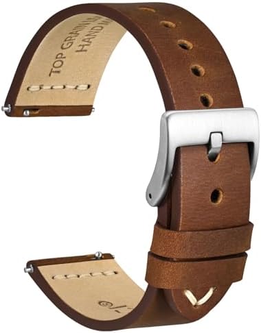 WOCCI 22mm Old-fashioned Watch Band for Men, Top Grain Leather, Silver Brushed Buckle (Caramel Brown)