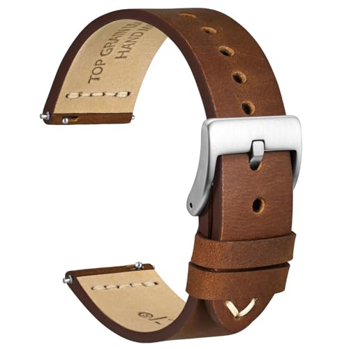 WOCCI 22mm Old-fashioned Watch Band for Men, Top Grain Leather, Silver Brushed Buckle (Caramel Brown)