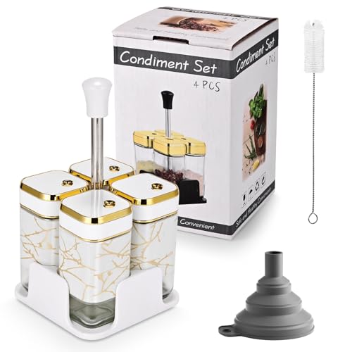 Miorkly Juego de aceite vinagre sal pimienta (5 piezas), diseño giratorio de la cubierta, puede utilizar una variedad de métodos de dumping, aceitera Ve