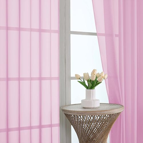 Image of OWENIE Sheer Curtains 84 Inches Long 2 Panels Set, Sheer Pink Curtains for Living Room Bedroom 59 Inch Extra Wide, Modern Voile Filmy Rod Pocket Drapes, 2 Pcs, Each 59 W x 84L, Pink