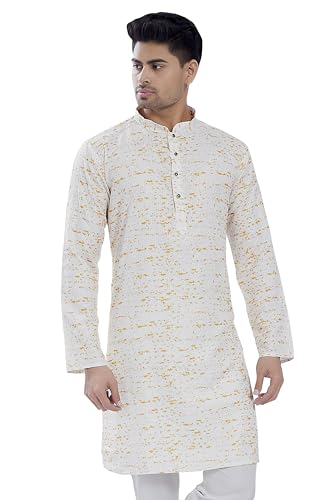 Divisive Men's Sequince Embroidered Printed Cotton Blend Only Slim Fit Kurta (Dkrt685_M_White Yellow)