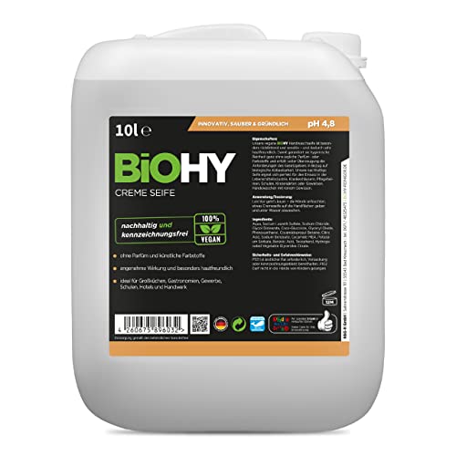 BiOHY Creme Seife (10 Liter Kanister) | Hautschonende, rückfettende & geruchsneutrale Handseife | flüssiger Nachfüllpack mit pflanzlichen Inhaltsstoffen | auch für das Gesicht geeignet Cover