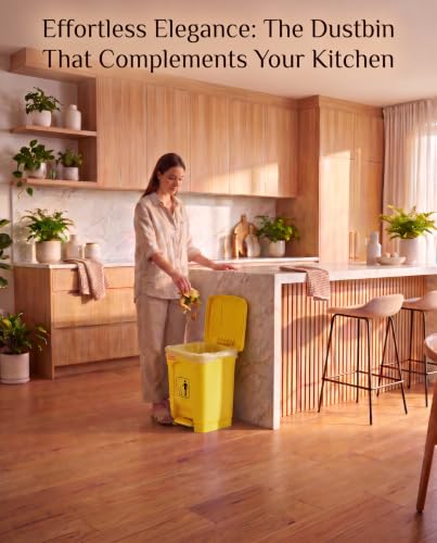 Image of pedal dustbin with lid, heavy duty plastic garbage bin, hands-free step-on waste bin for kitchen, office, home, hotel, bathroom & outdoor use