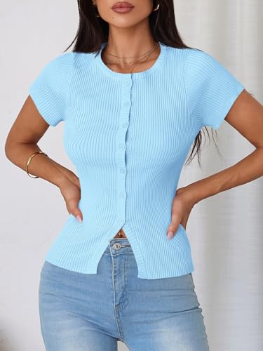 Image of Imily Bela Womens Short Sleeve Sweater Tops Summer Button Down Casual Ribbed Knit Slim Fit Cropped Cardigan Shirts
