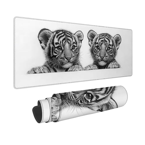 Tapis de souris XXL 80x40 cm gris motif tigre avec bords cousus pour bureau gamer