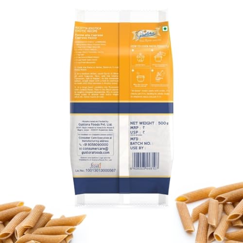 Image of GUSTORA Whole Wheat Penne Pasta 500g I Made of Whole Wheat Semolina I No Maida I Vegetarian I Rich in Protein & Fibre I Zero Cholesterol I Cooking Time 10 Min (500G)