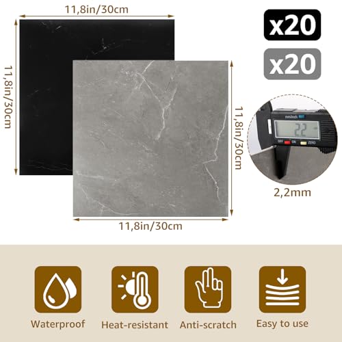 CYEER 40 Stück PVC Bodenbelag Selbstklebend 30x30CM, Vinylboden Selbstklebend Wasserfest Rutschfest, Selbstklebende Bodenfliesen für Küche, Wohnzimmer, Badezimmer, 2 Muster