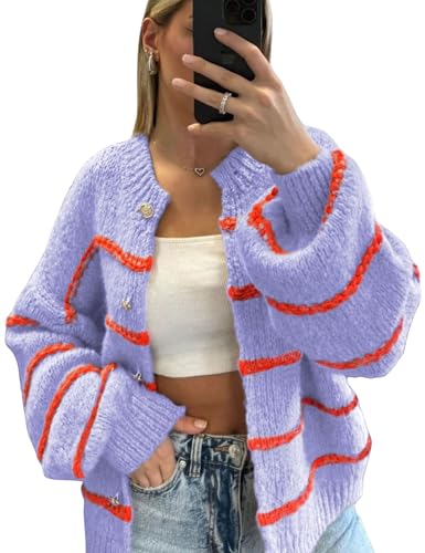 Image of QIBABU Womens Striped Cardigan Sweaters Casual Open Front Long Sleeve Button Down Knit Outwear