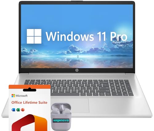 HP 17.3" FHD Business & Student Laptop Computer, 64GB RAM 2TB SSD, AMD Ryzen 5 Processor, Windows 11 Pro Laptop with Microsoft Office Lifetime License, SageNova Earphones, Natural Silver