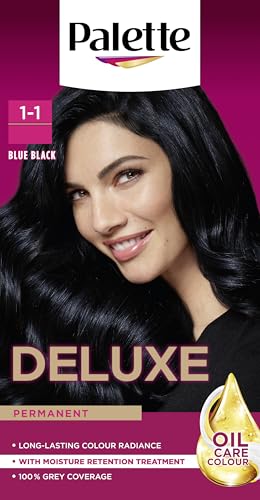 Palette Deluxe Creme Colouration 1-1 Blue Black Hair Dye Permanent Hair Dye Long-Lasting Hair Colouring with Moisture Retention Treatment and 100% Grey Coverage