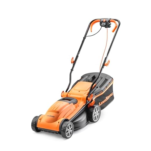 LawnMaster 1400W Electric Lawn Mower with 34cm cutting width, ideal for small to medium sized lawns. With 6 adjustable cutting heights and rear roller for striped finish, 2 year guarantee