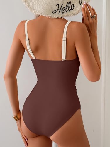 Image of B2prity Cutout One Piece Swimsuit Tummy Control Ruched Monokini Color Block Bathing Suit for Cruise Vacation
