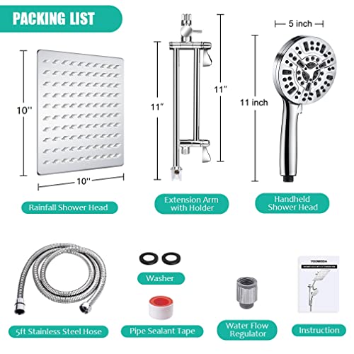 Shower Head With Handheld, 10'' High Pressure Rain Shower Head/10 Modes Handheld Shower Heads Power Wash Back With 11'' Extension Arm, Holder, 5Ft Hose, Flow Regulator, Chrome, Height/Angle Adjustable #TOP6